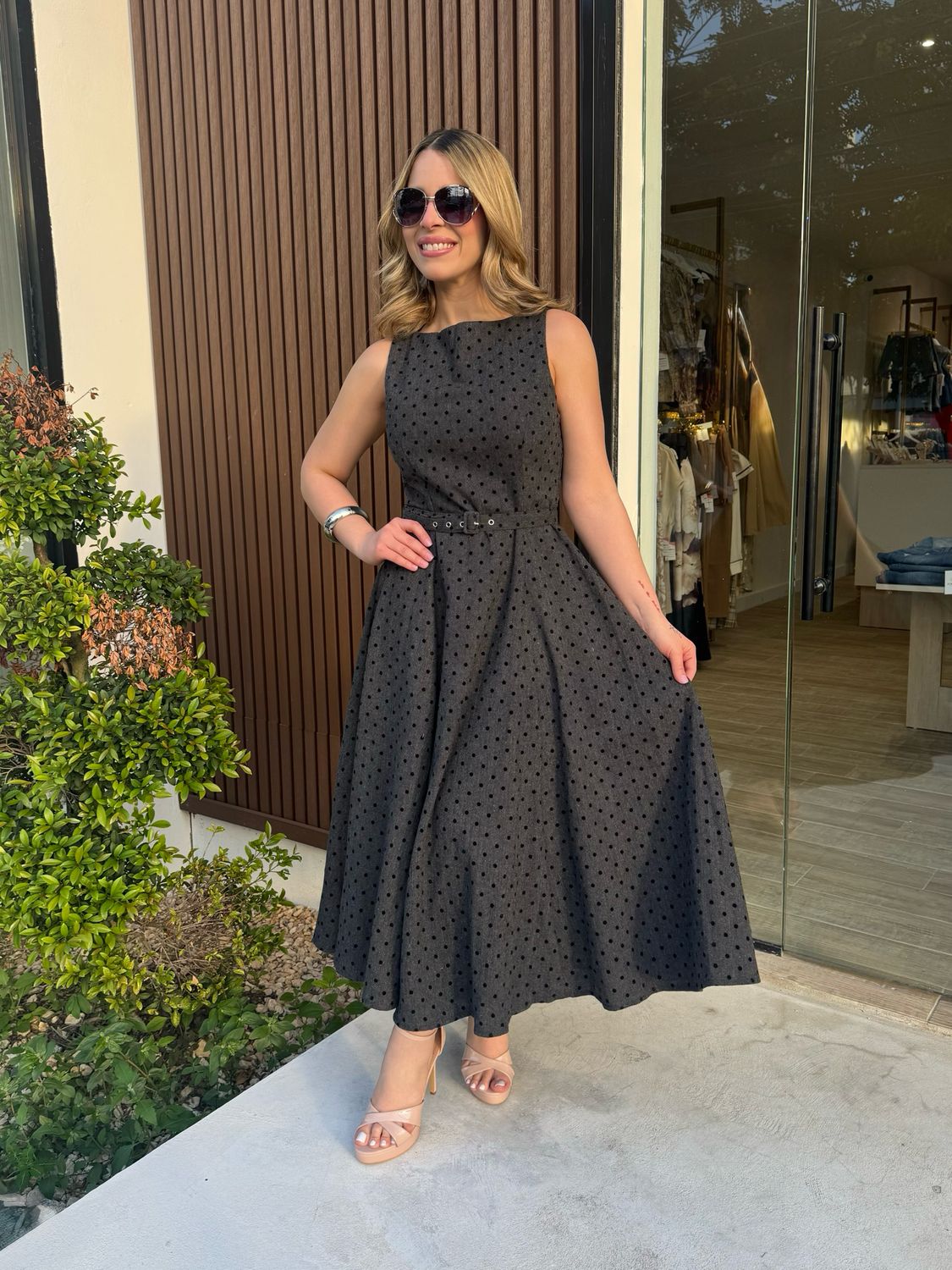 Charcoal Grey Polka Dots Midi Dress