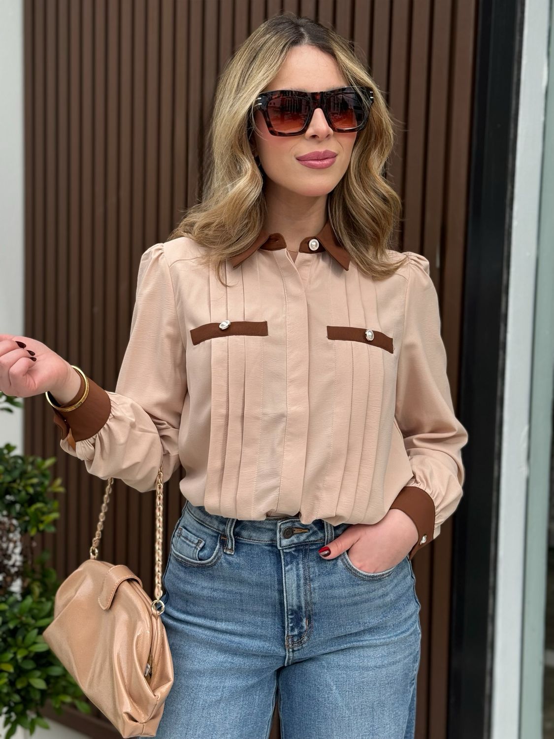 Beige & Chocolate Button Up Blouse