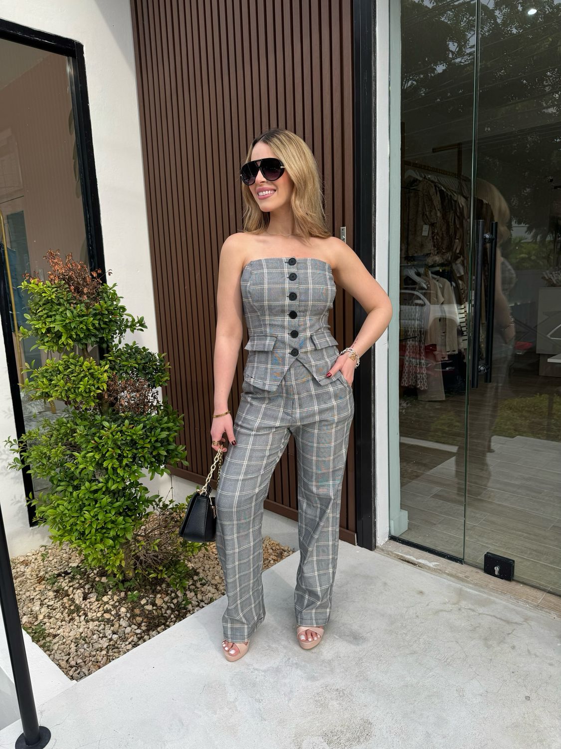 Gray Beige Plaid Top & Pants Set