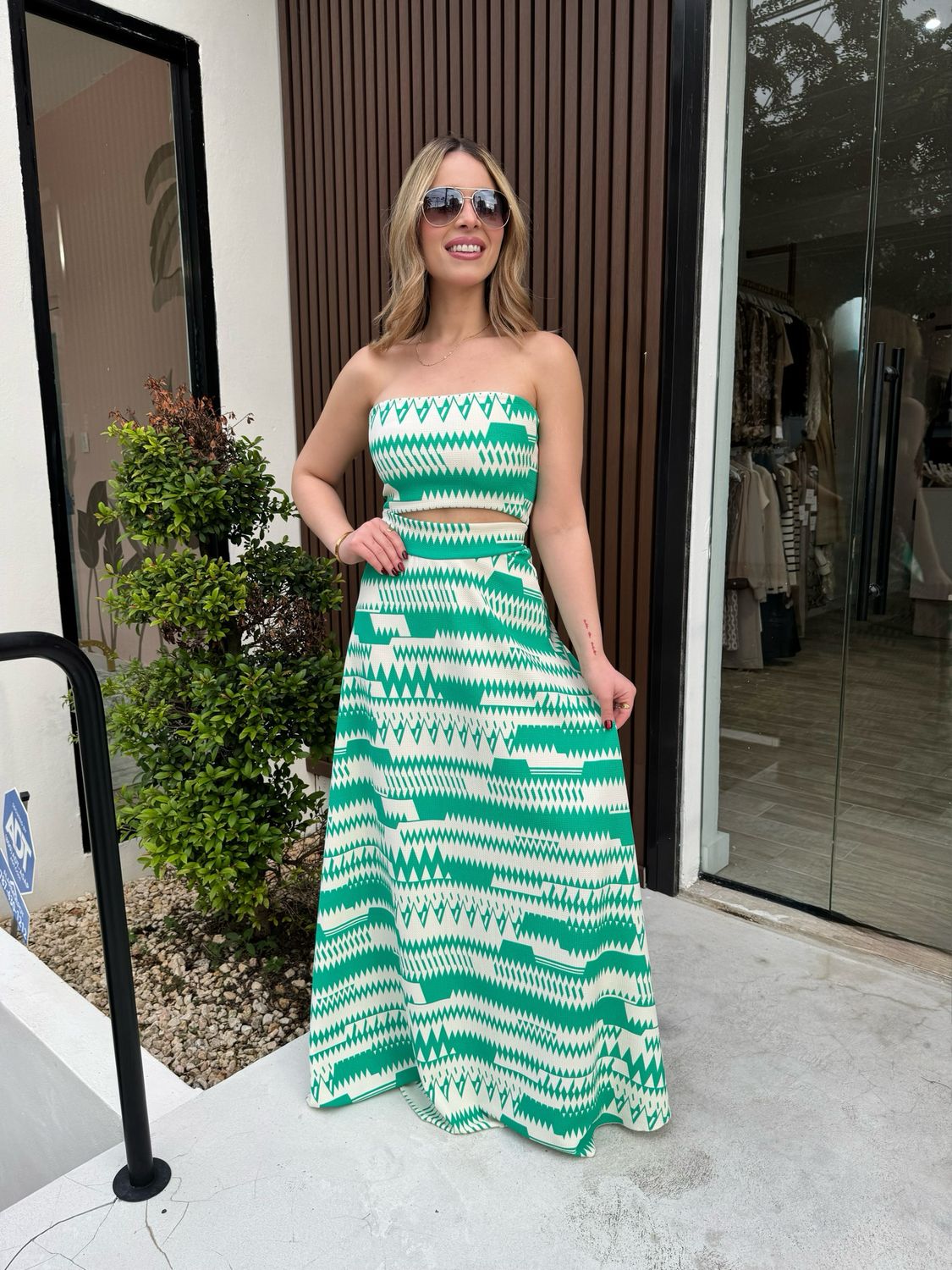 Ikat Green Top & Skirt Set By Marena