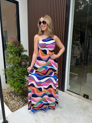 Vibrant Waves One Shoulder Maxi Dress By Pía