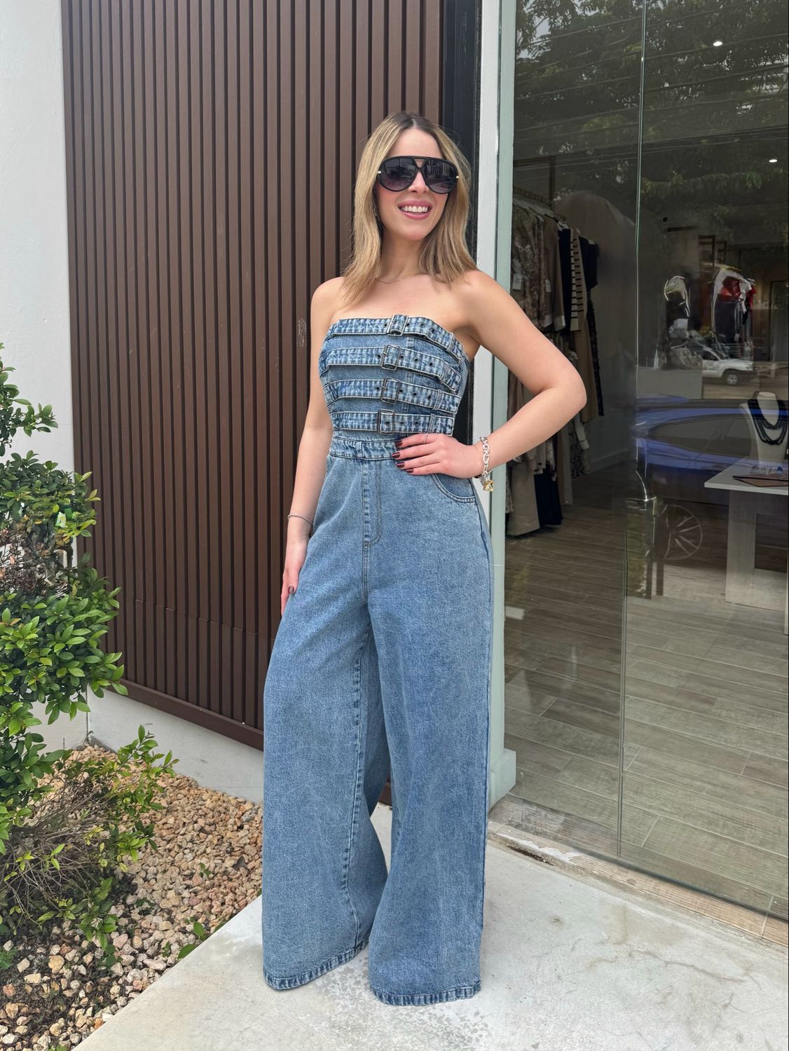 Strapless Belted Denim Jumpsuit