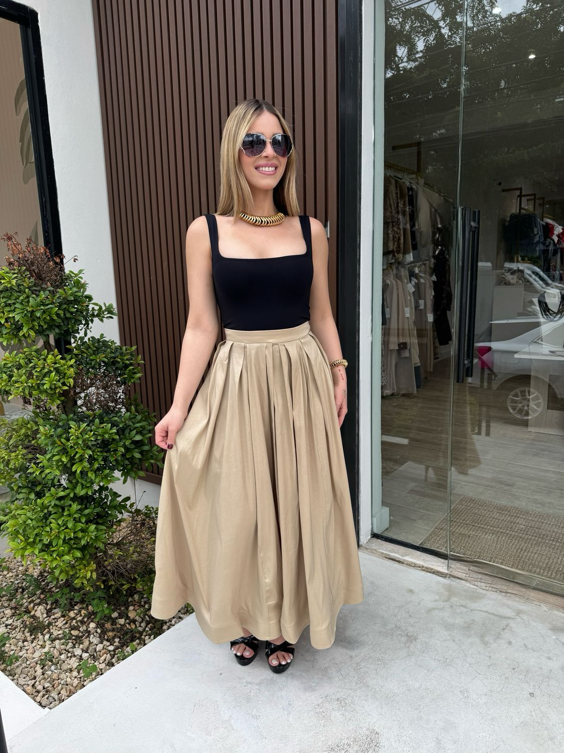Beige Full Midi Skirt