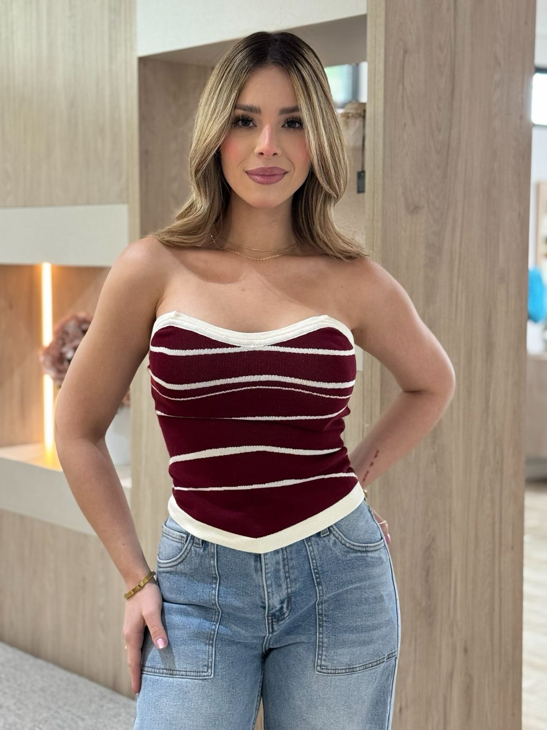 Wine & White Strapless Top