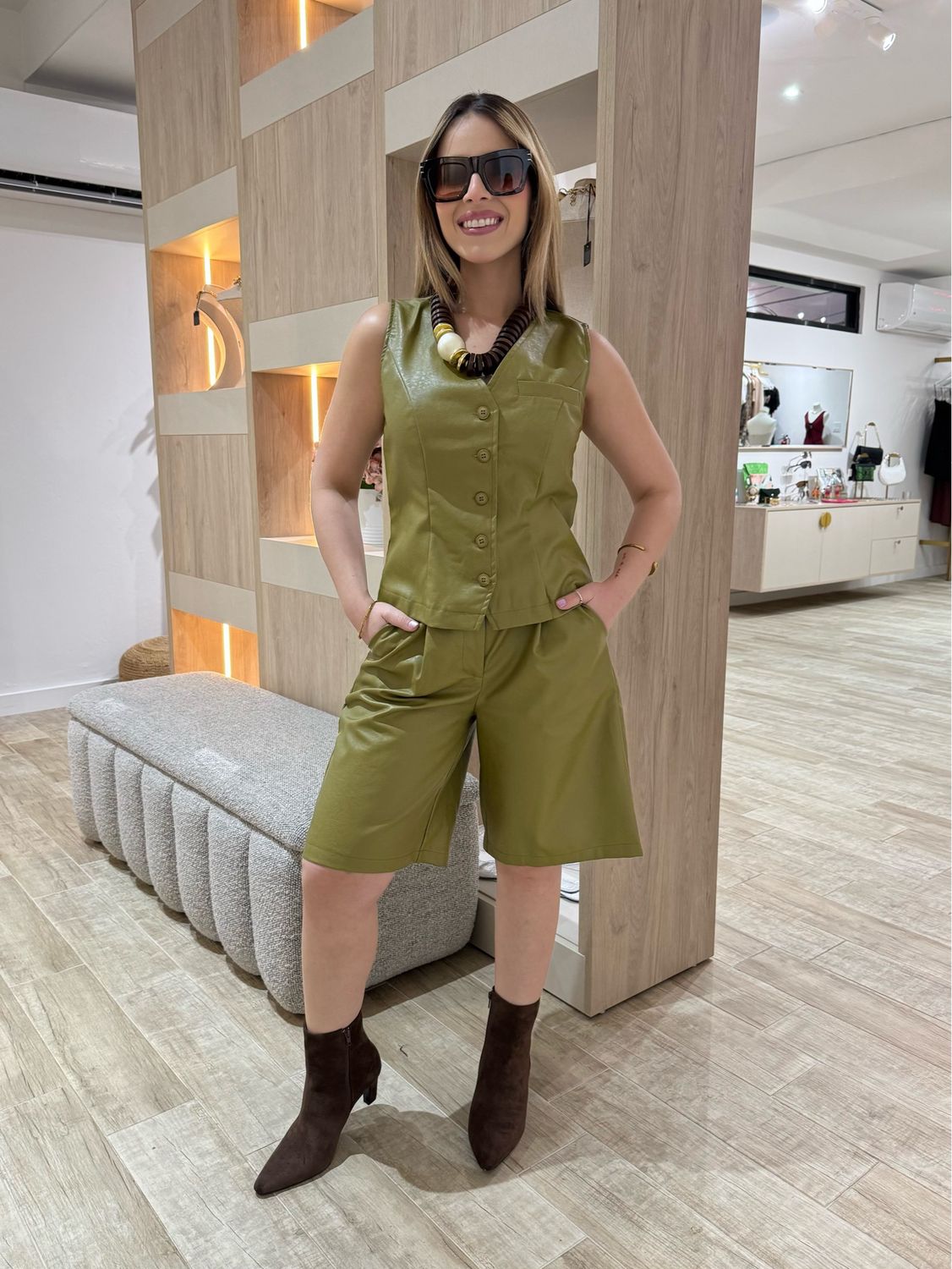 Olive Faux Leather Vest & Jort Set