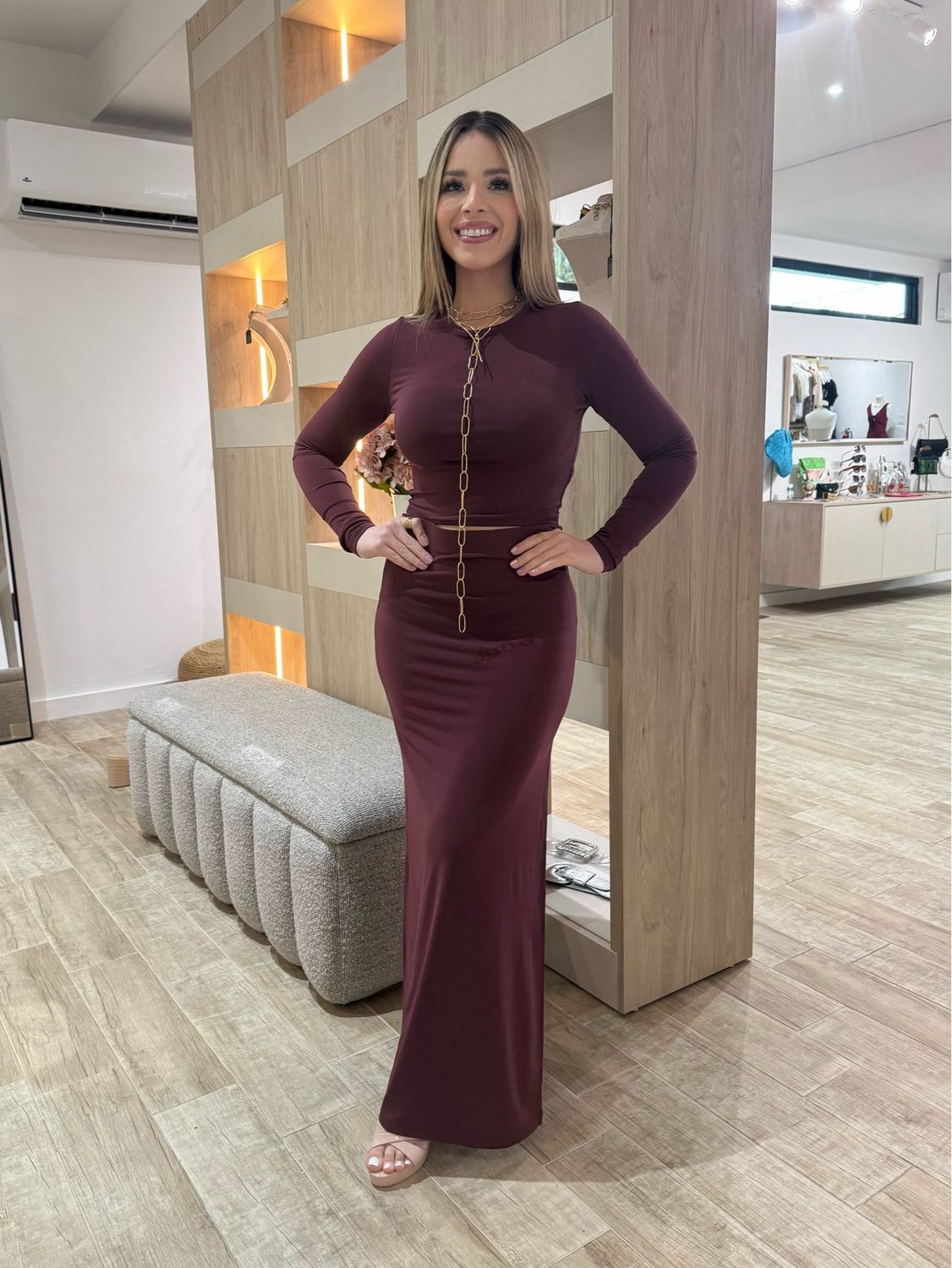 Burgundy Long Sleeves Top & Skirt Set