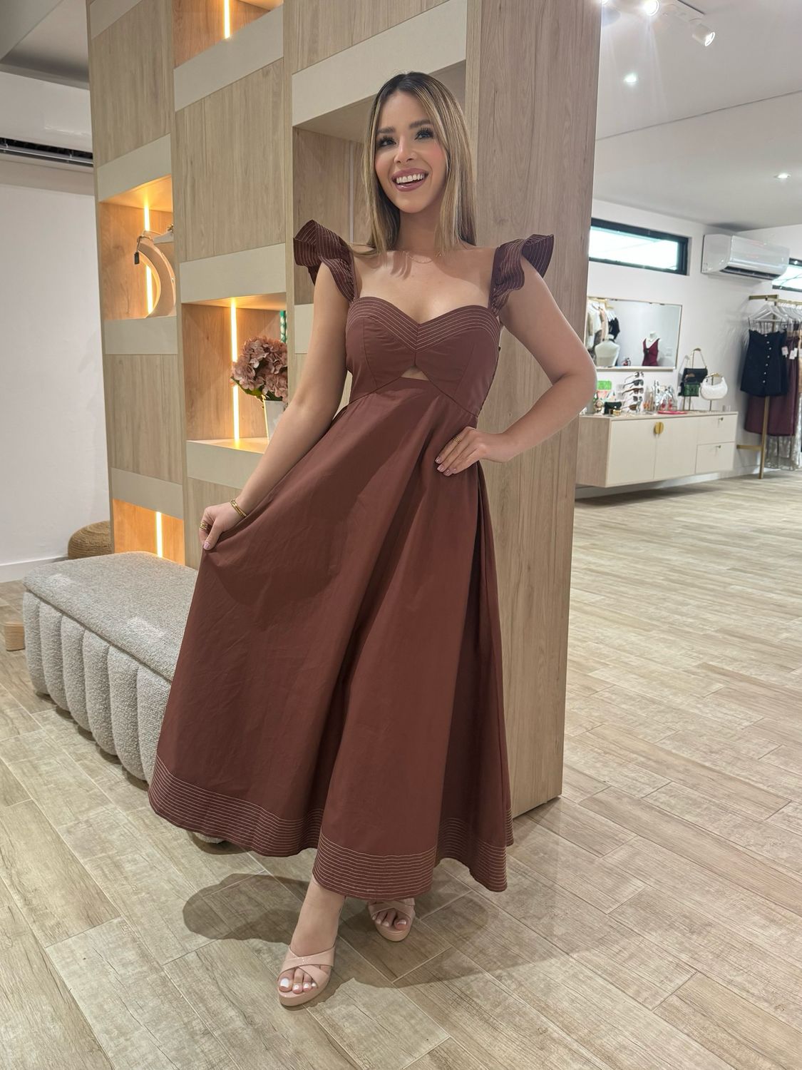 Cognac Ruffle Midi Dress