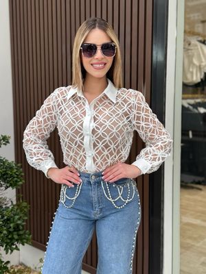 White Pearls & Rhinestones Lace Blouse