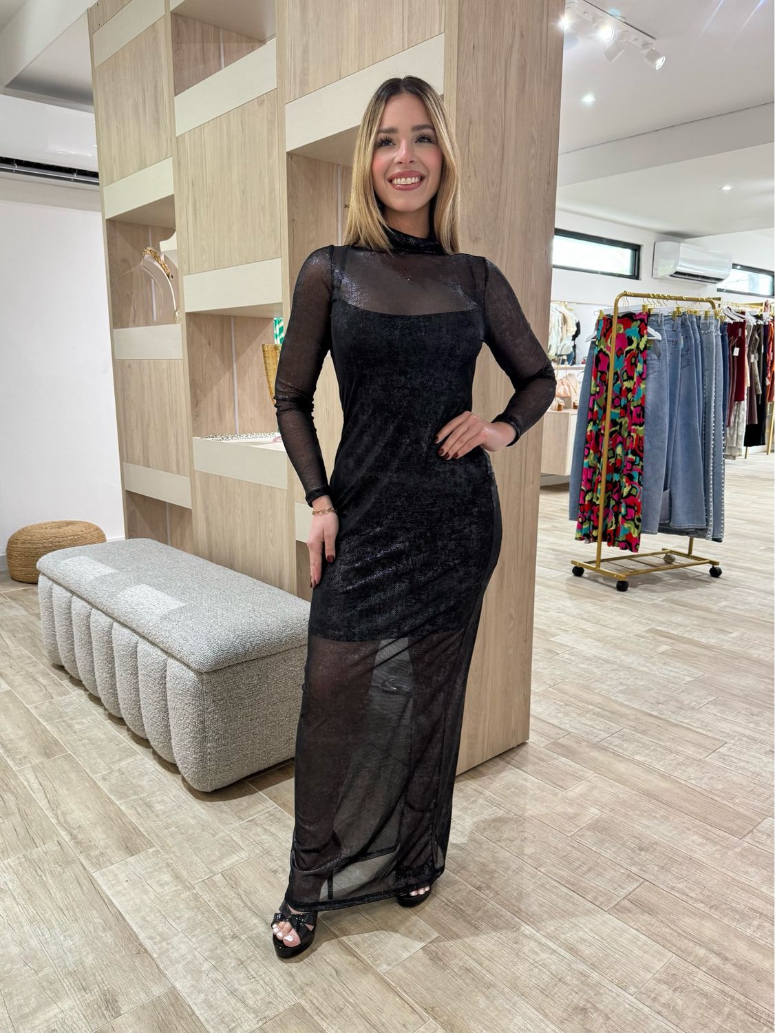 Sheer Metallic Black Maxi Dress