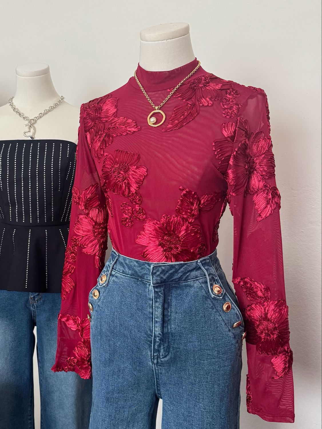 Burgundy Long Sleeves SheerTop