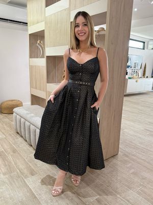 Navy Metallic Tweed Midi Dress