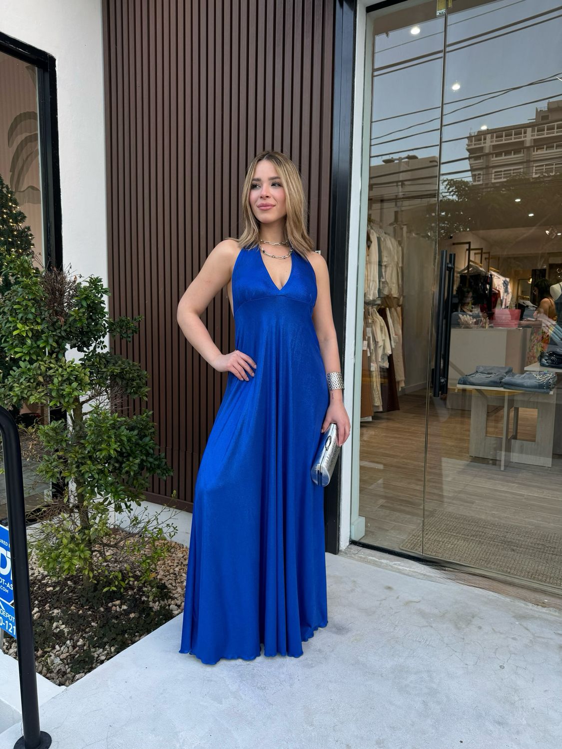 Metallic Blue Halter Dress By Marena