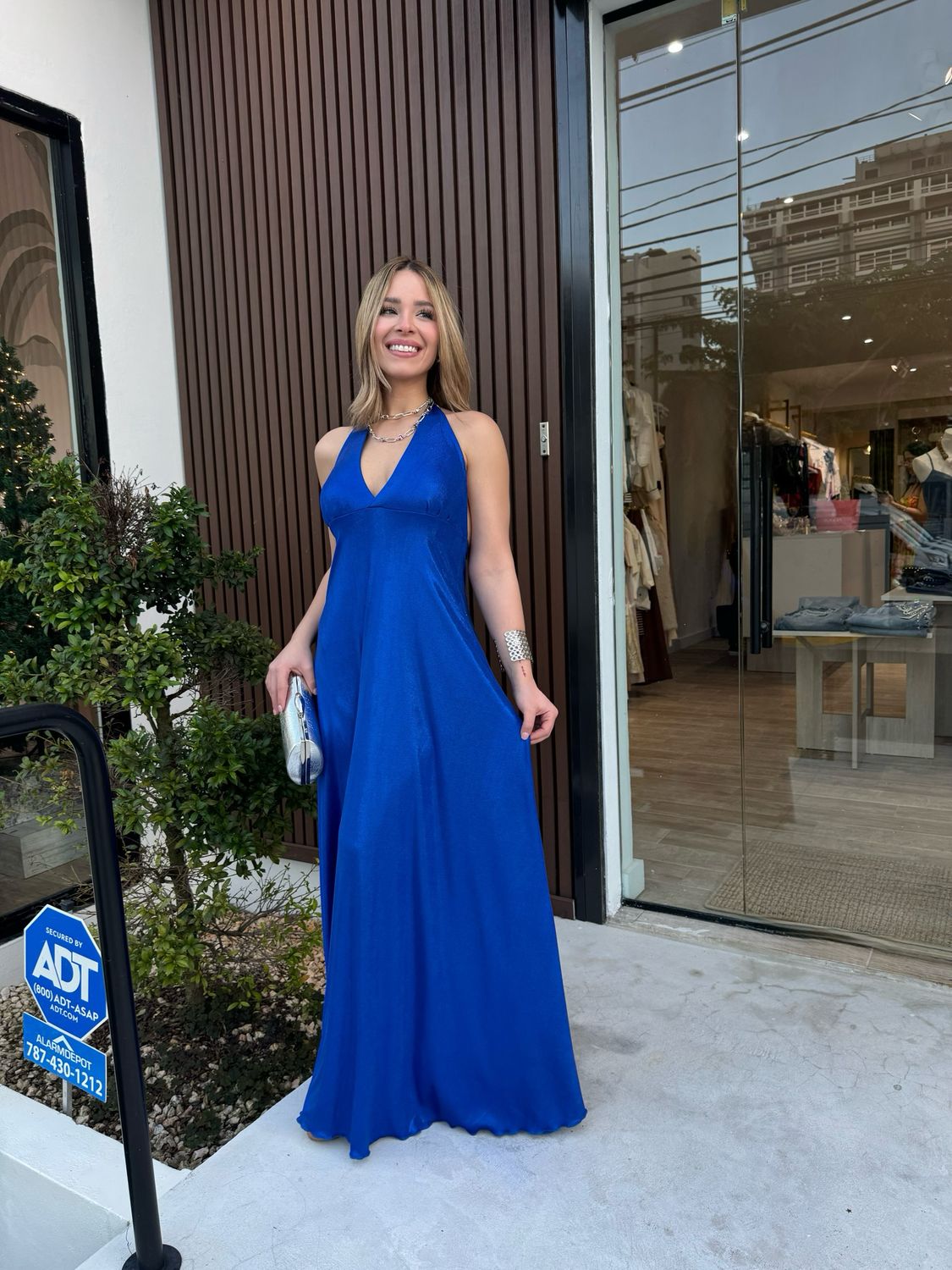 Metallic Blue Halter Dress By Marena