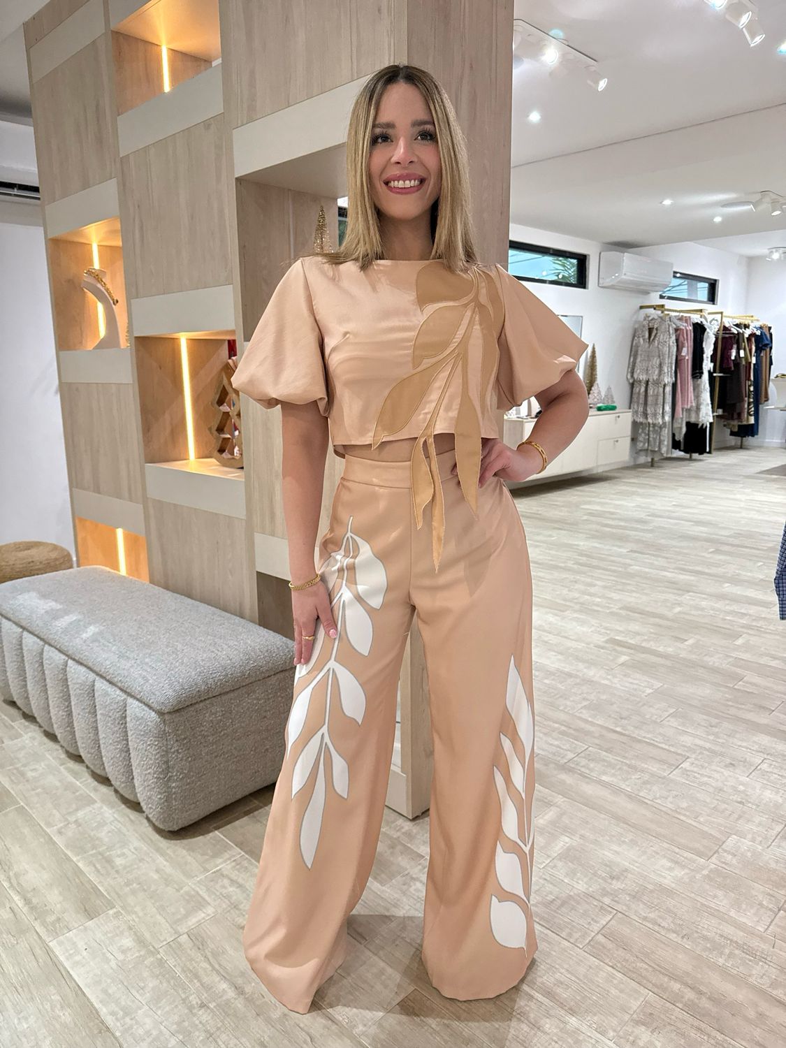 Nude Overlapping Leaves Blouse & Pants Set