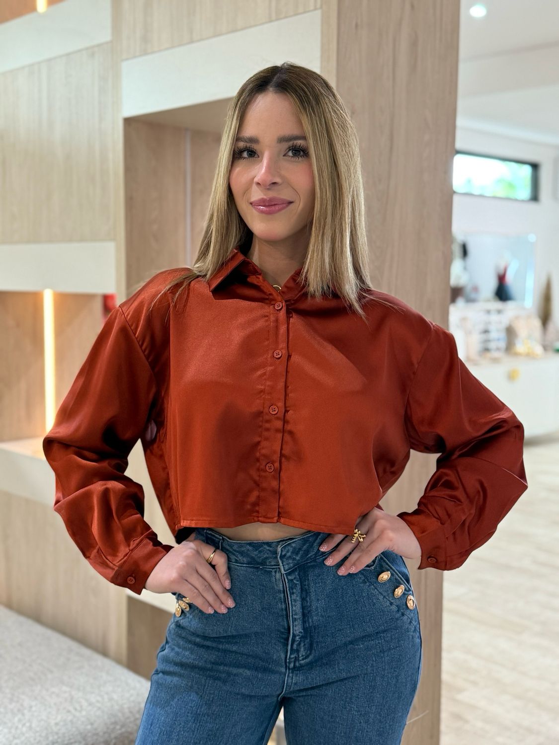 Rust Button Up Crop Blouse
