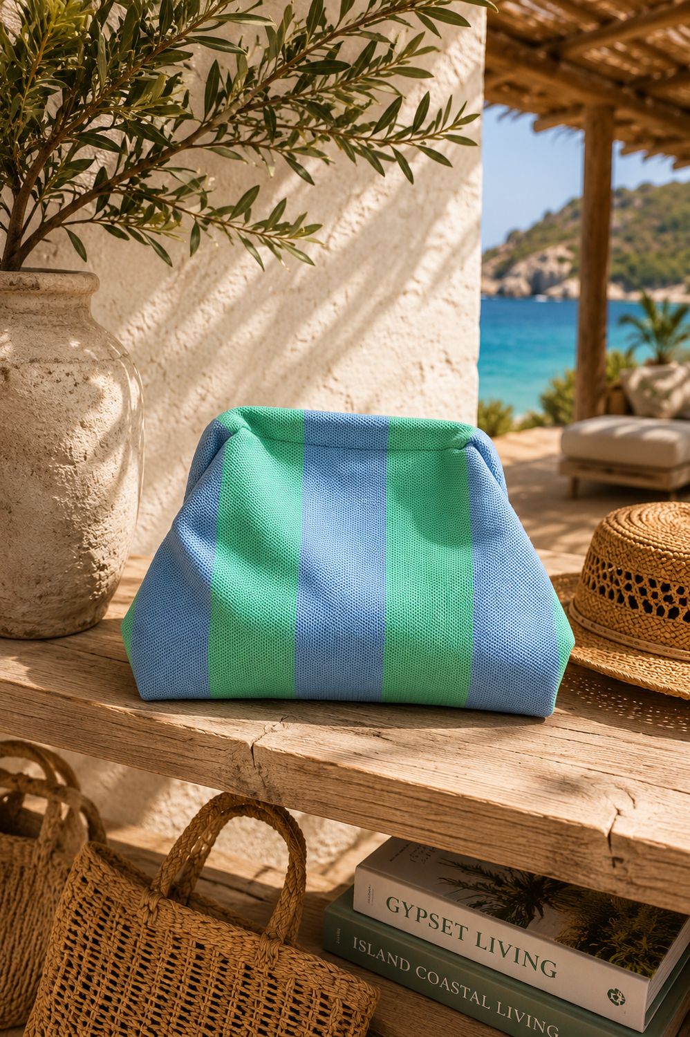 Blue Green Stripes Canvas Slouch Bag Blue Green Stripes Canvas Slouch Bag