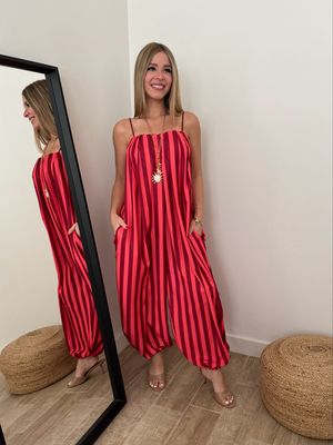 Coral Wine Balloon Stripes Jumpsuit