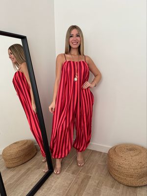 Coral Wine Balloon Stripes Jumpsuit