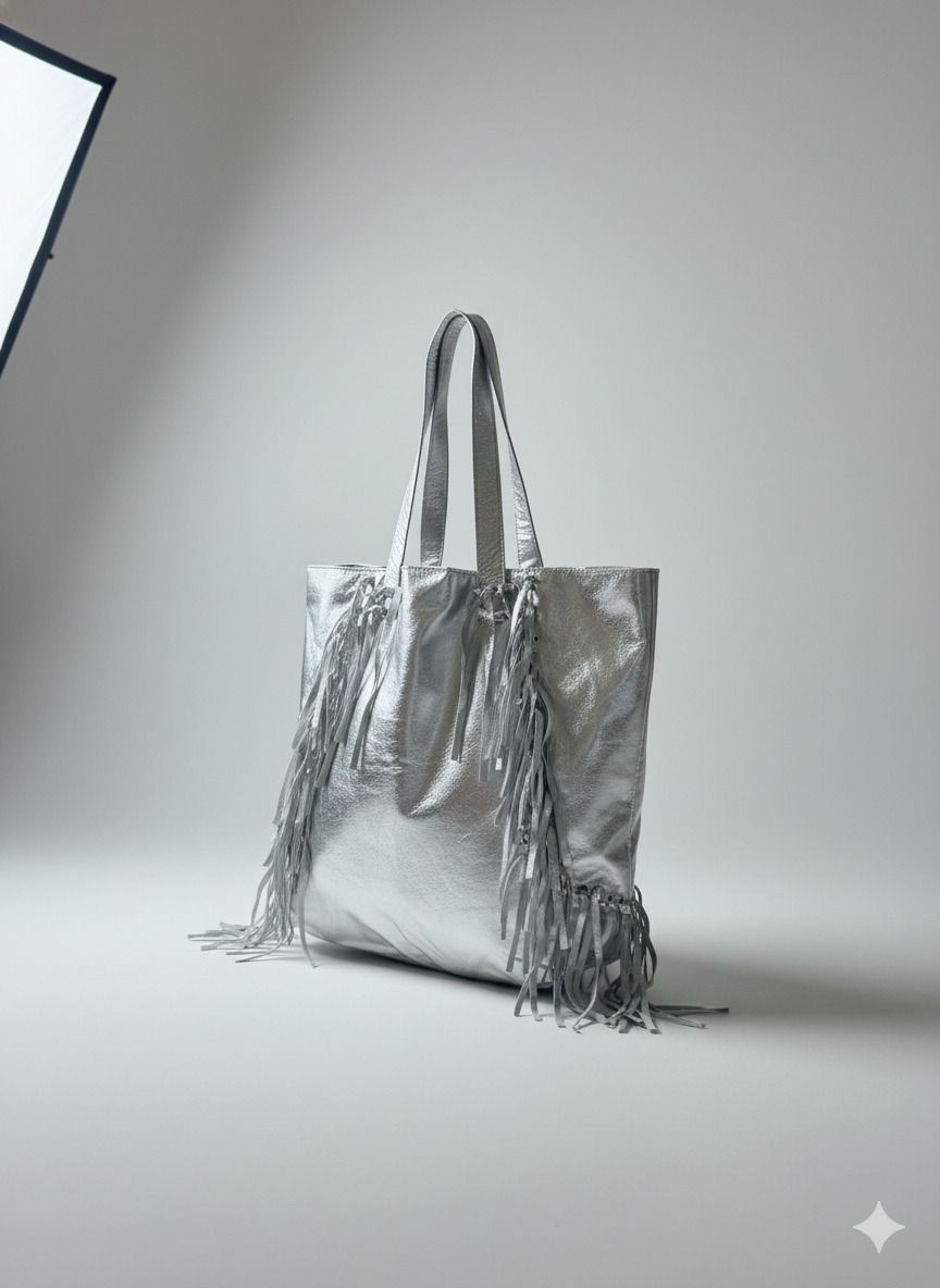 Silver Leather Fringe Tote Bag