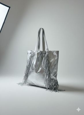 Silver Leather Fringe Tote Bag