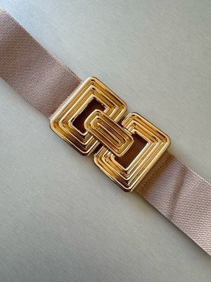 Beige Elastic Belt with Gold Square Buckle