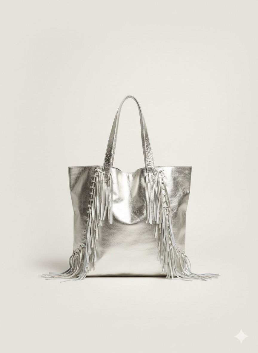 Gold Leather Fringe Tote Bag