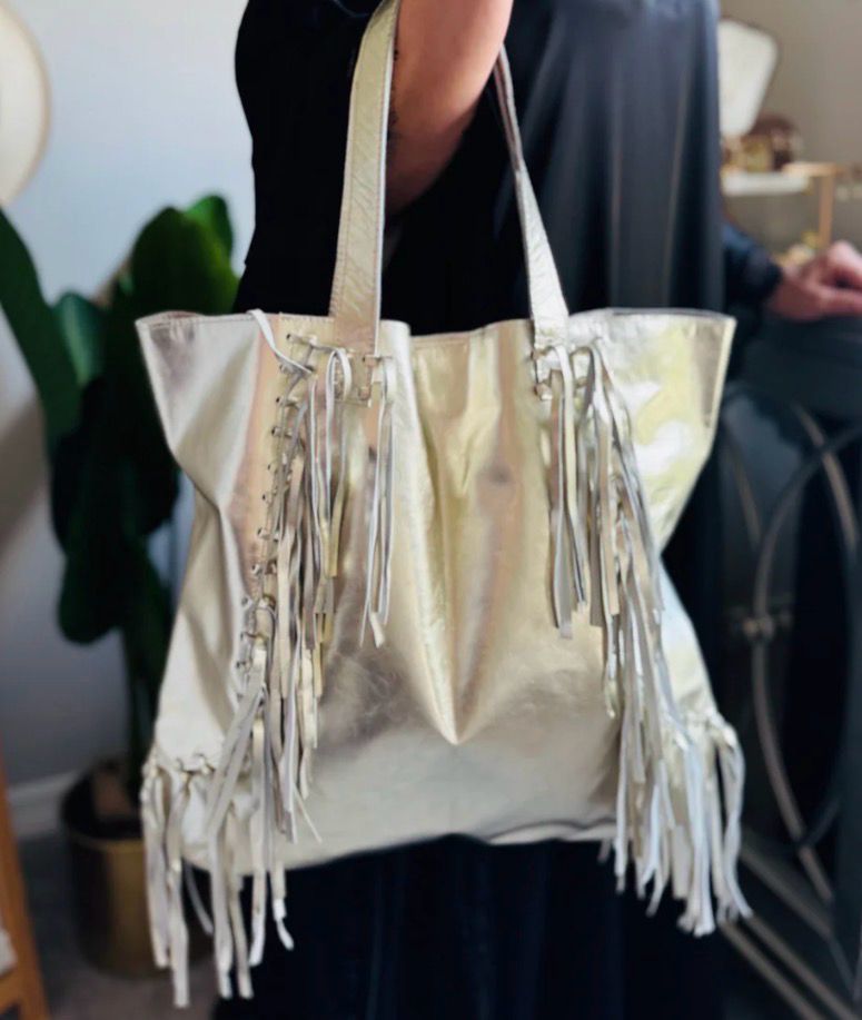 Gold Leather Fringe Tote Bag