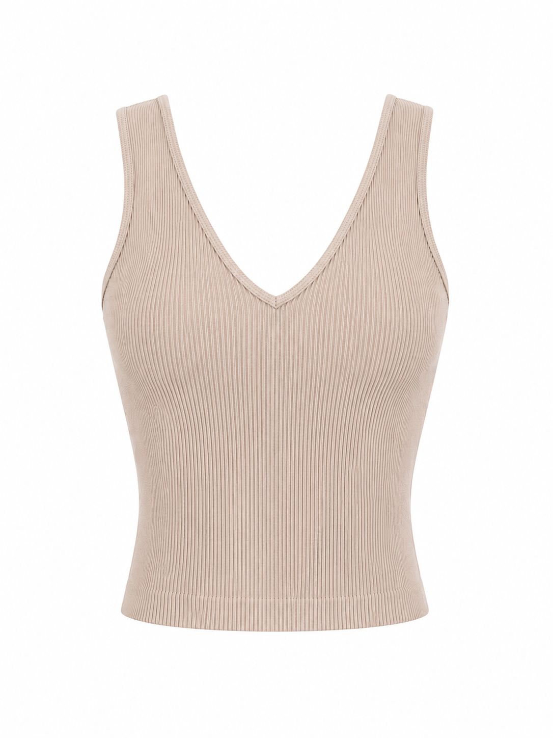 Beige Ribbed V-Neck Tank