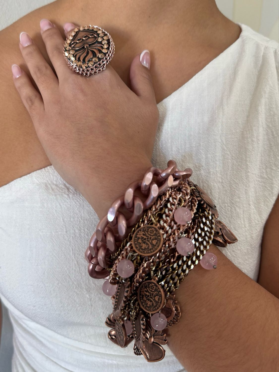 Pink & Bronze Elegant Bracelet & Ring Set