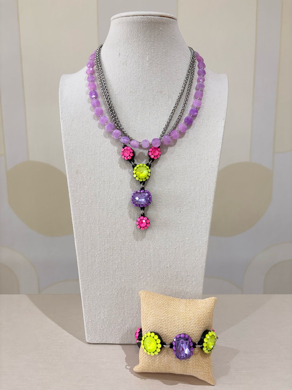 Lime Lilac Gem Statement Necklace & Bracelet Set