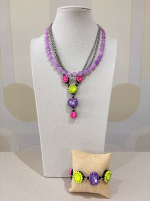 Lime Lilac Gem Statement Necklace & Bracelet Set