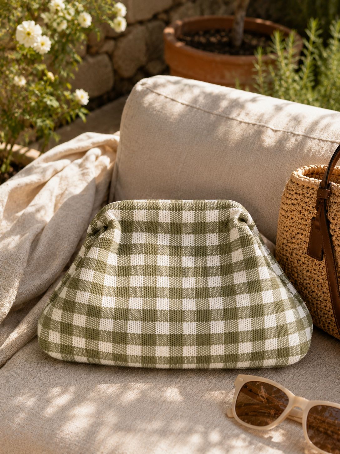 Olive Gingham Canvas Slouch Bag