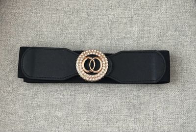 Elastic Black Belt with Rhinestone Double Ring