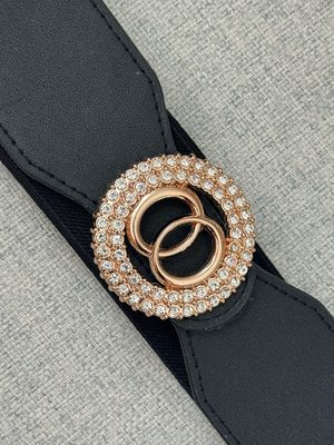 Elastic Black Belt with Rhinestone Double Ring