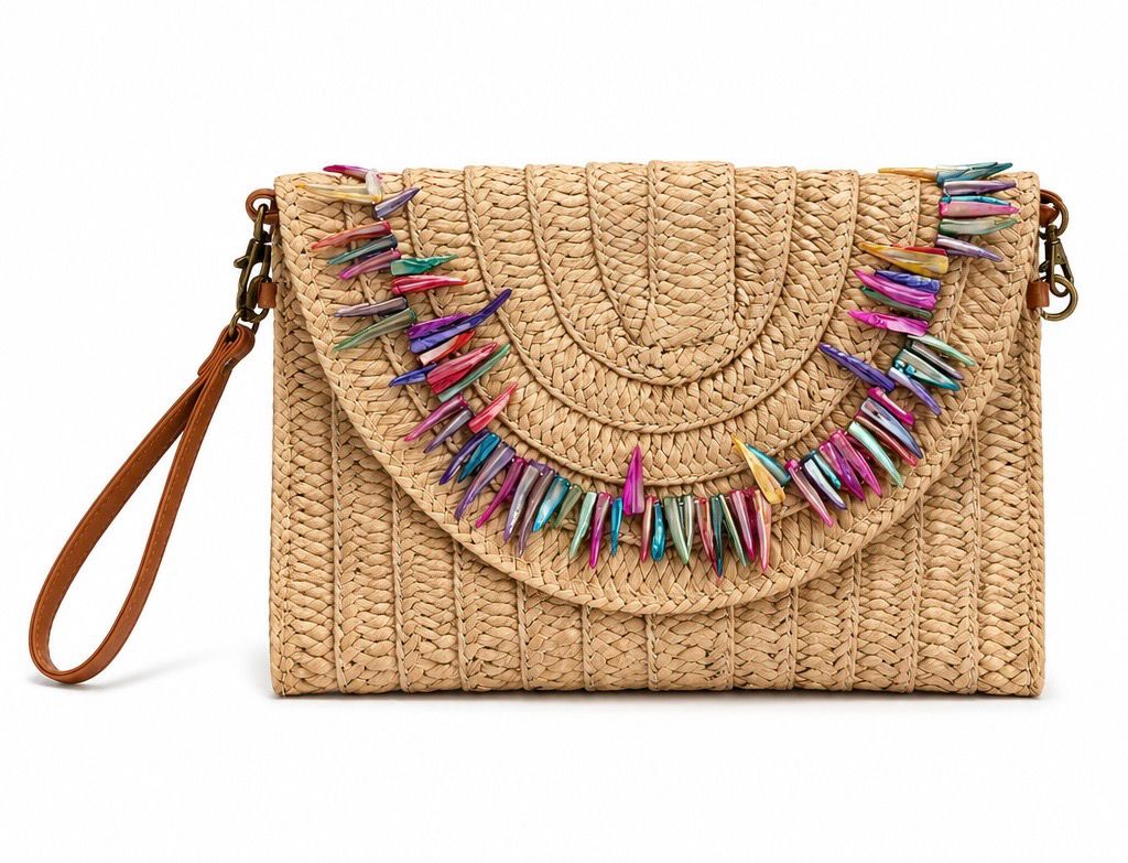 Colorful Beaded Tan Clutch
