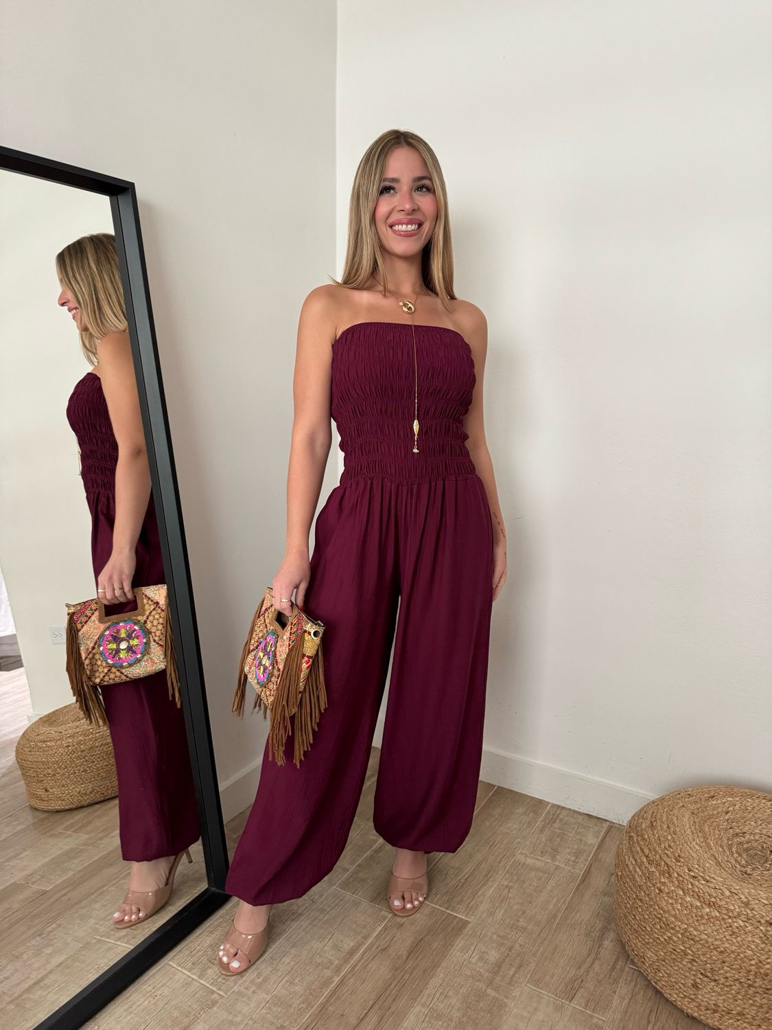 Wine Smocked Strapless Jumpsuit
