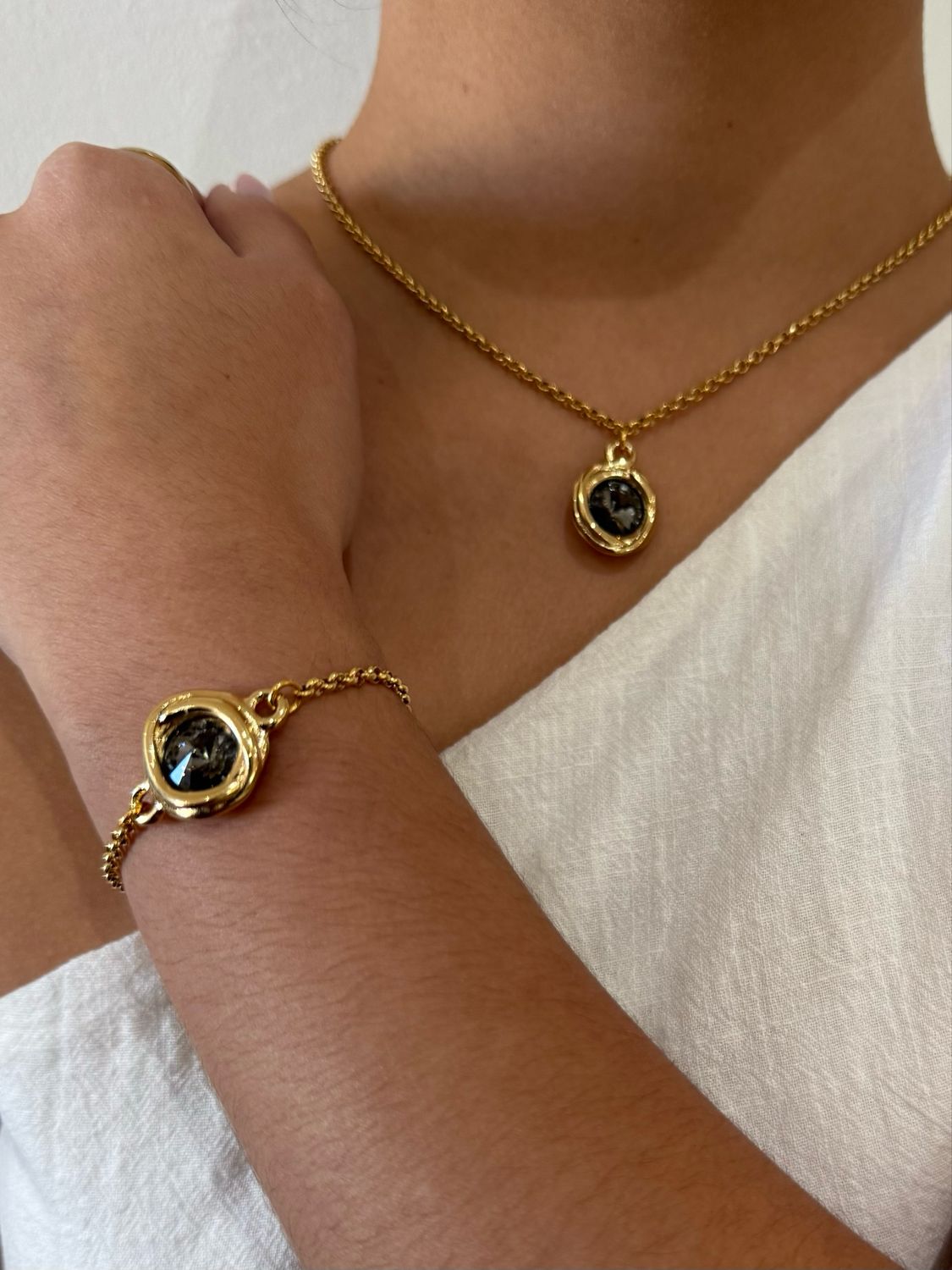 Dark Gray Gem Gold Necklace & Bracelet Set By Tralara