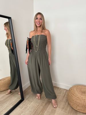 Olive Smocked Strapless Jumpsuit