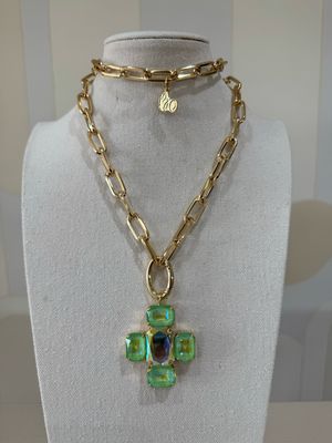 Green Emerald-Cut Crystal Cross Necklace