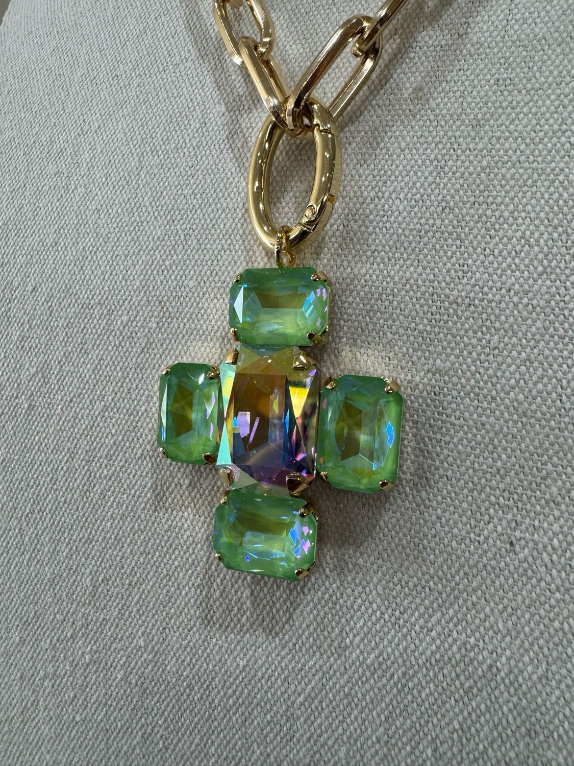 Green Emerald-Cut Crystal Cross Necklace