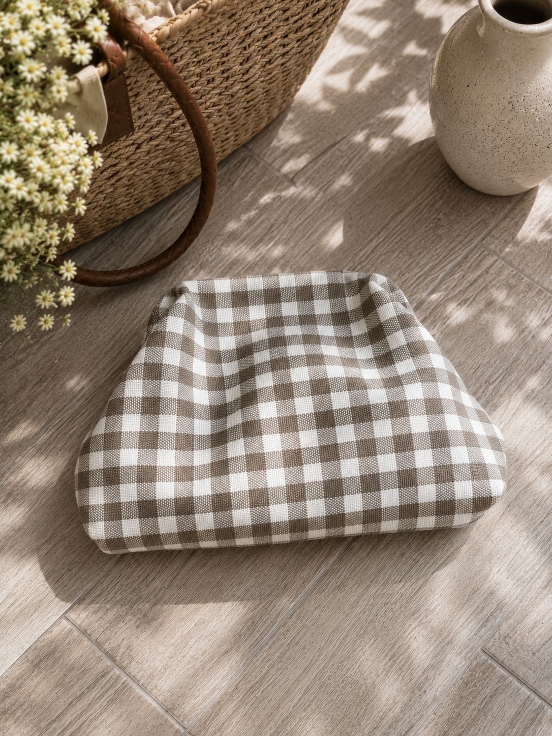 Taupe Gingham Canvas Slouch Bag
