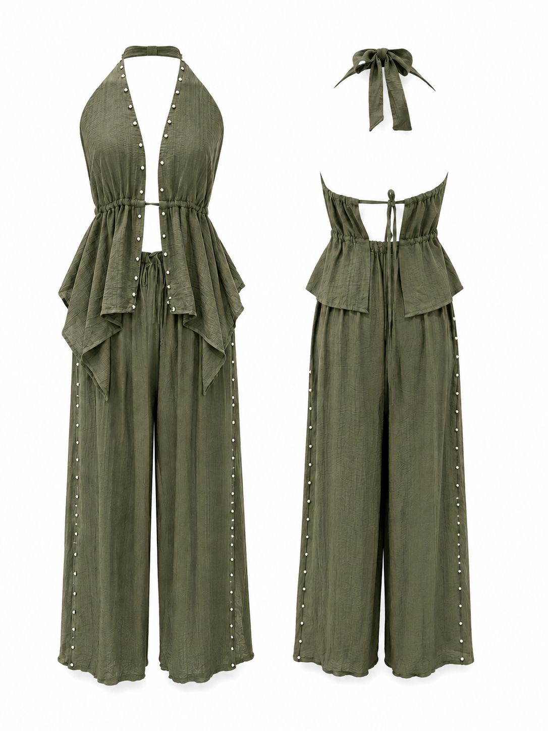 Olive Studs Halter Top & Pant Set