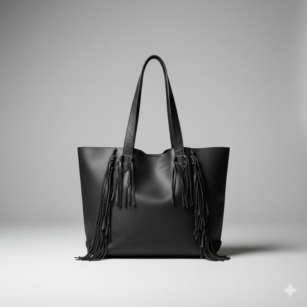 Black Leather Fringe Tote Bag