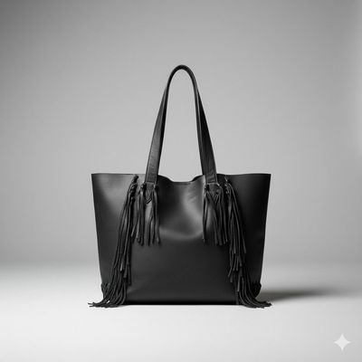 Black Leather Fringe Tote Bag