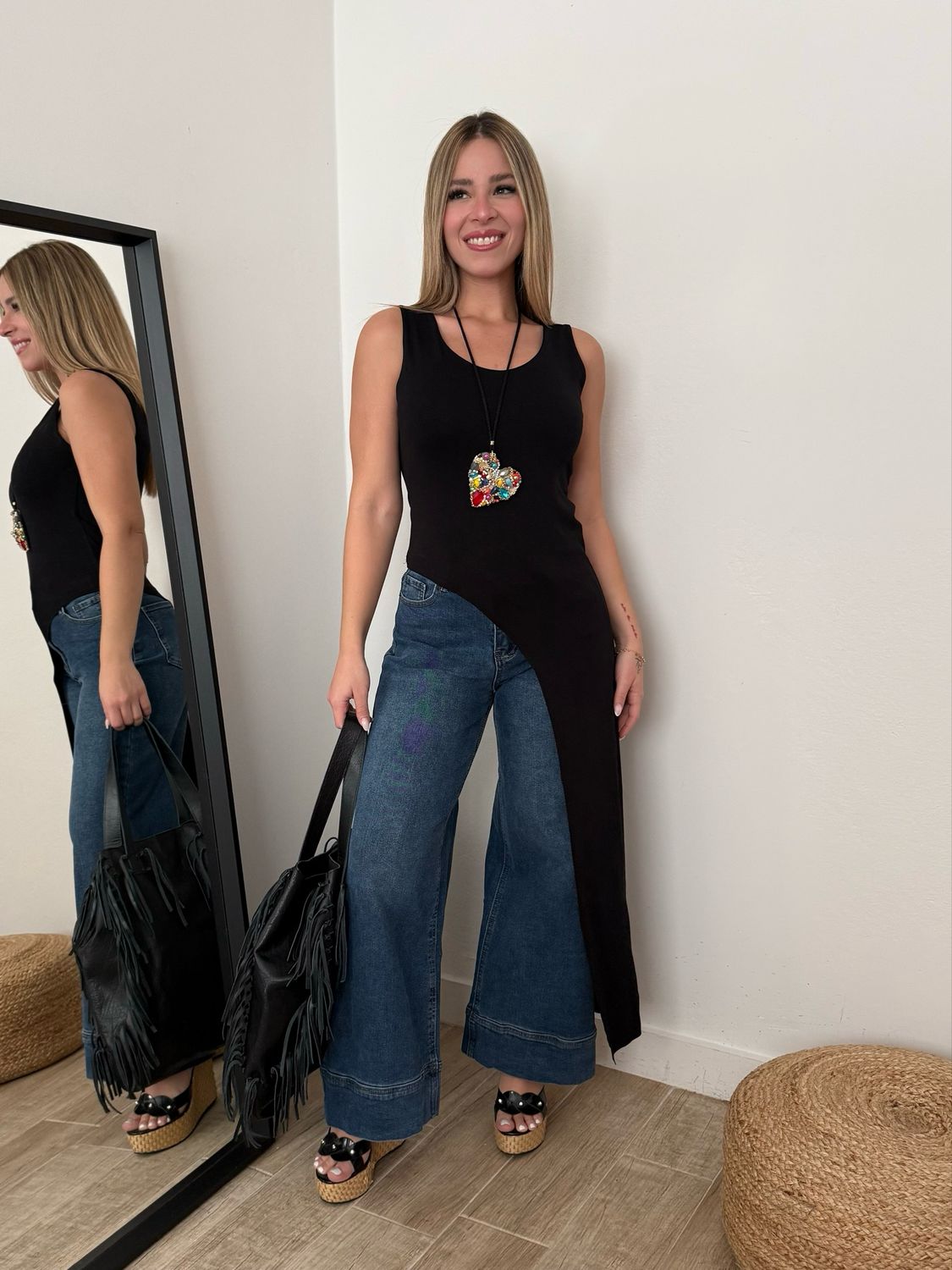 Black Asymmetric Sleeveless Tunic Top (One Size)