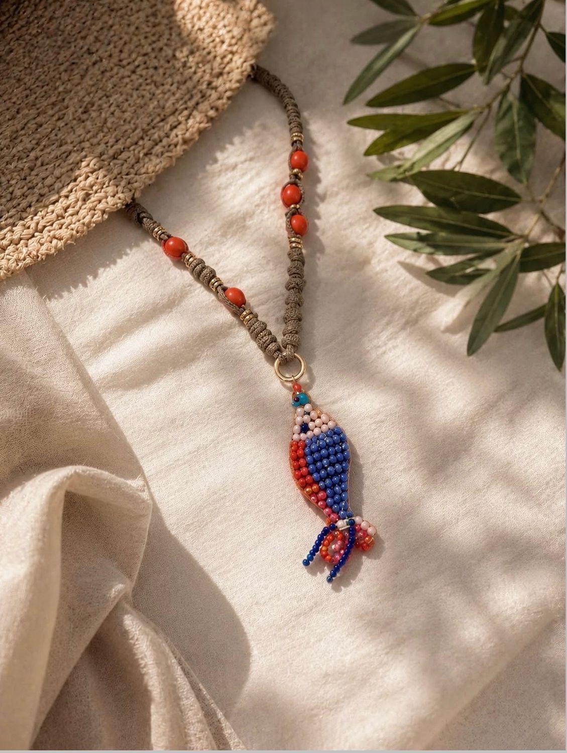 Blue & Orange Beaded Fish Handmade Necklace