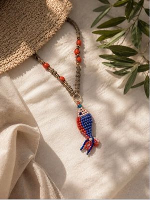 Blue & Orange Beaded Fish Handmade Necklace