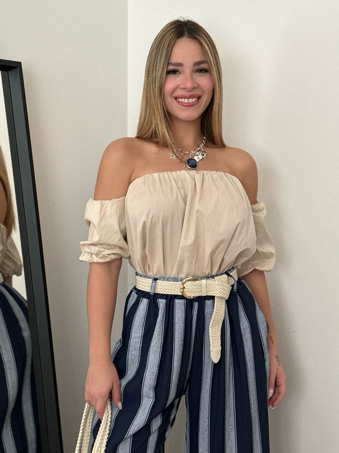 Beige Off-Shoulder Puff Sleeve Blouse (One Size)