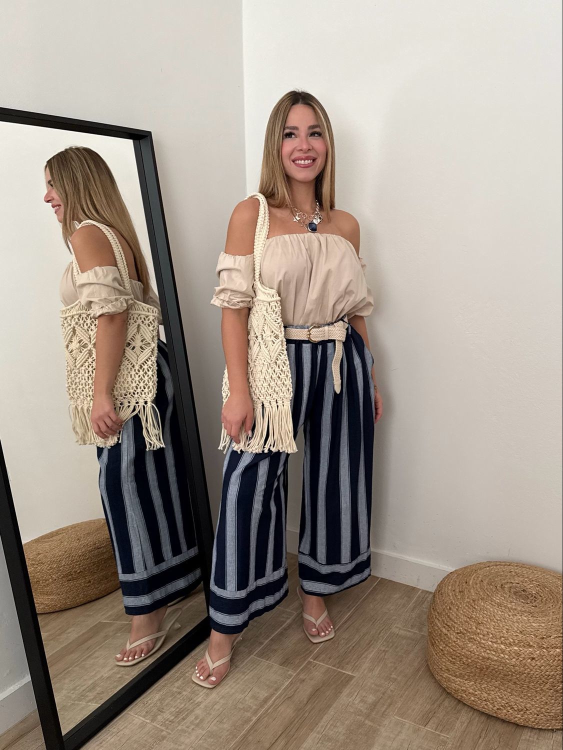 Navy Stripes Wide Leg Belted Pant (One Size)