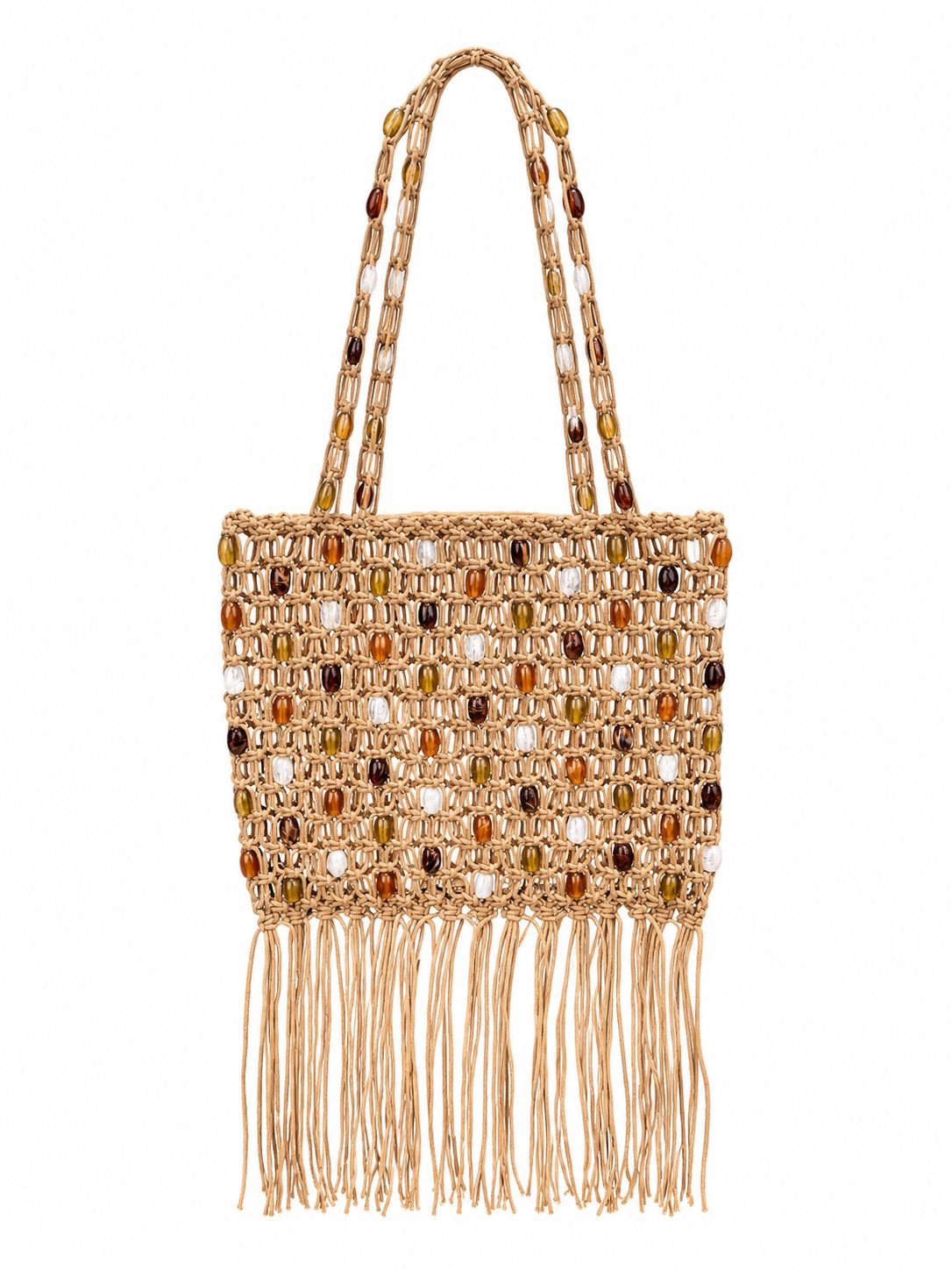 Camel Beaded Fringe Tote Bag
